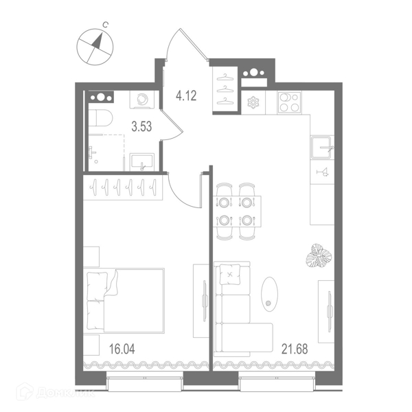 Планировка: 1 комната · 45,37 м²