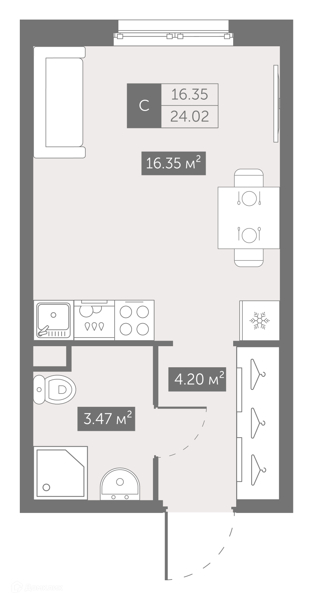 Планировка: Студия · 24,5 м²