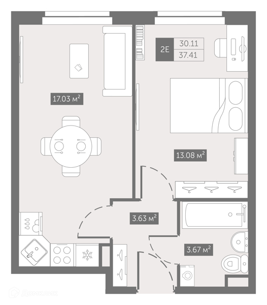 Планировка: 1 комната · 37,5 м²
