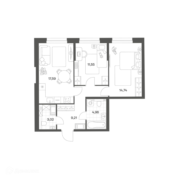 Планировка: 2 комнаты · 61,07 м²