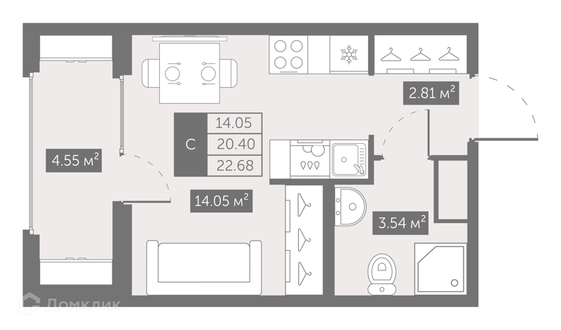 Планировка: Студия · 22,68 м²