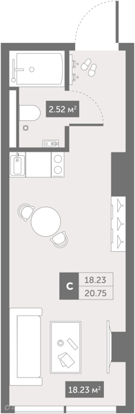Планировка: Студия · 21,4 м²