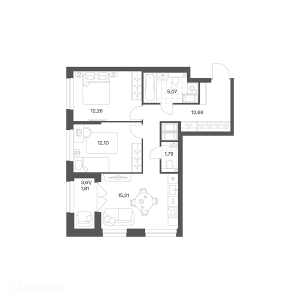 Планировка: 2 комнаты · 60,9 м²