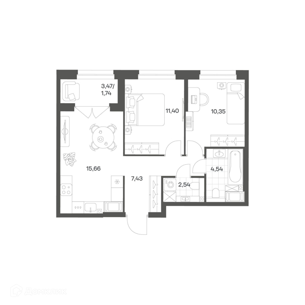 Планировка: 2 комнаты · 55,07 м²