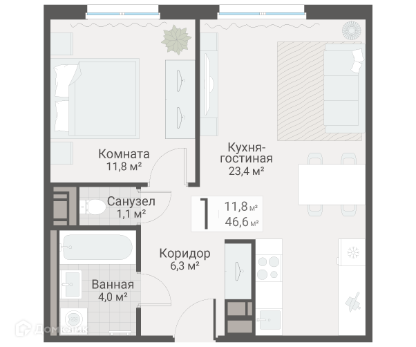 Планировка квартиры: 1 комната · 46,6 м²