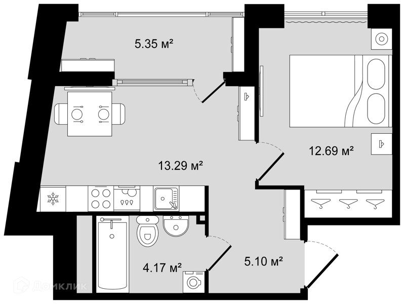 Планировка квартиры: 1 комната · 37,93 м²