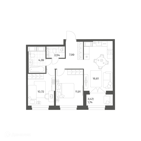 Планировка: 2 комнаты · 57,04 м²