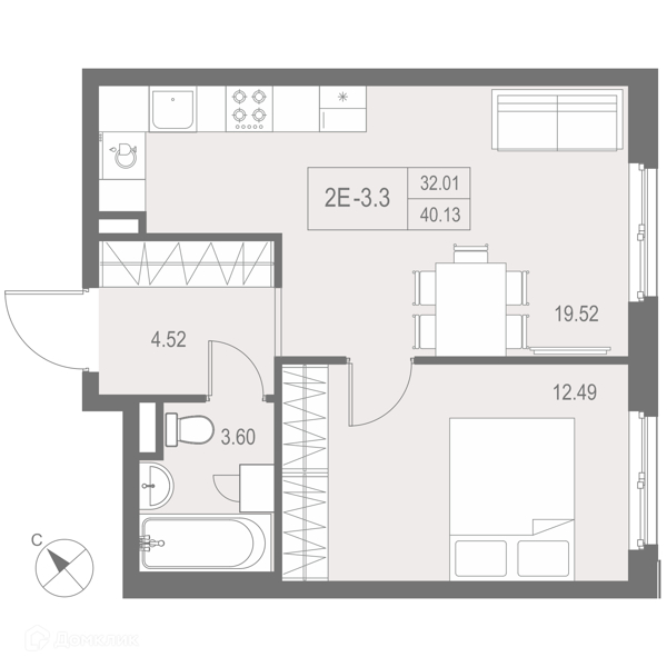 Планировка: 1 комната · 40,6 м²