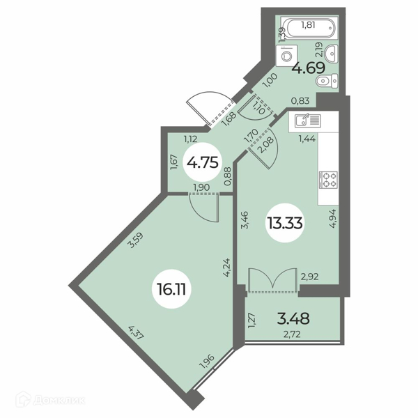 Планировка квартиры: 1 комната · 40,62 м²
