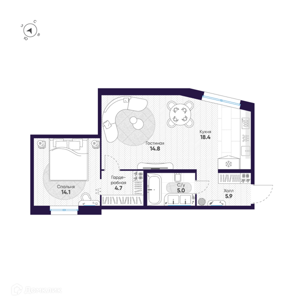 Планировка: 1 комната · 62,9 м²