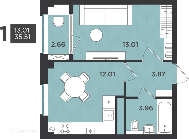 Планировка квартиры: 1 комната · 35,51 м²