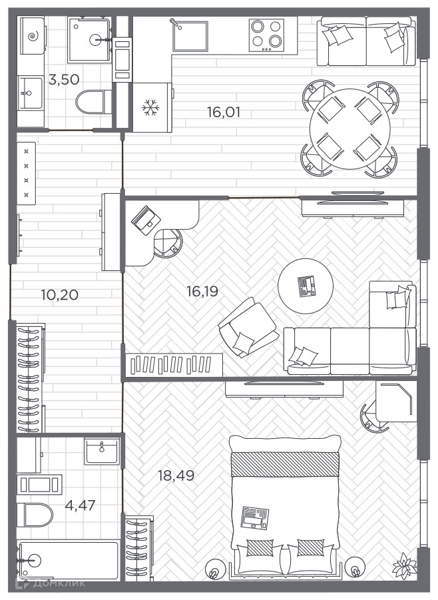 Планировка квартиры: 2 комнаты · 68,5 м²