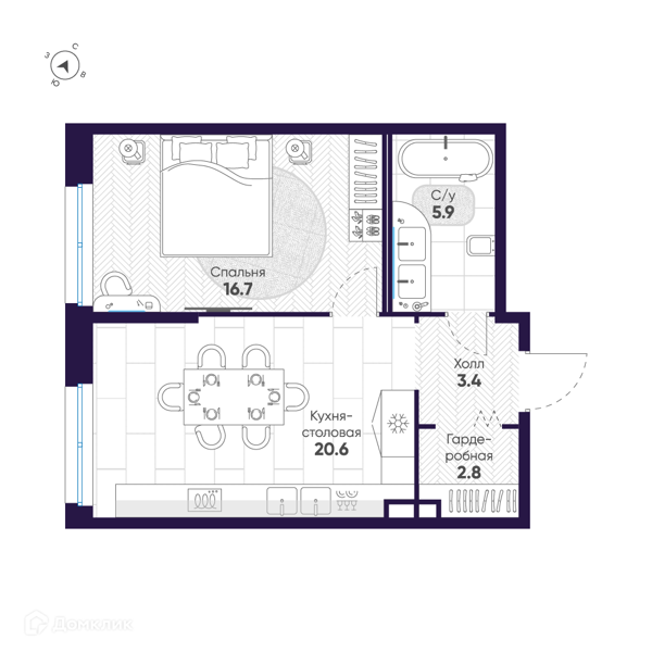 Планировка: 1 комната · 49,4 м²