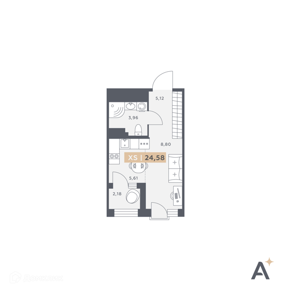 Планировка квартиры: Студия · 24,58 м²