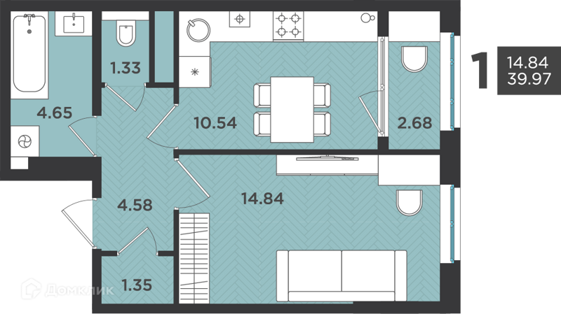 Планировка: 1 комната · 39,97 м²