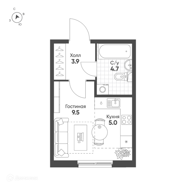 Планировка: Студия · 23,1 м²