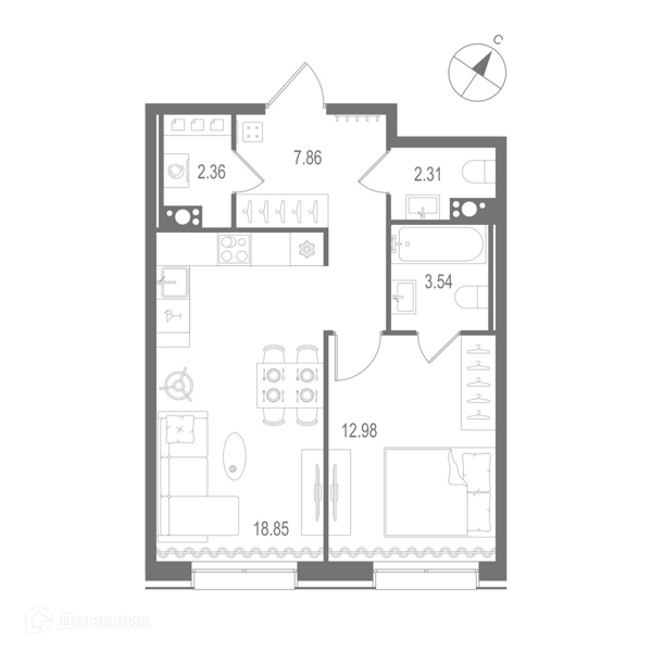 Планировка: 1 комната · 47,9 м²