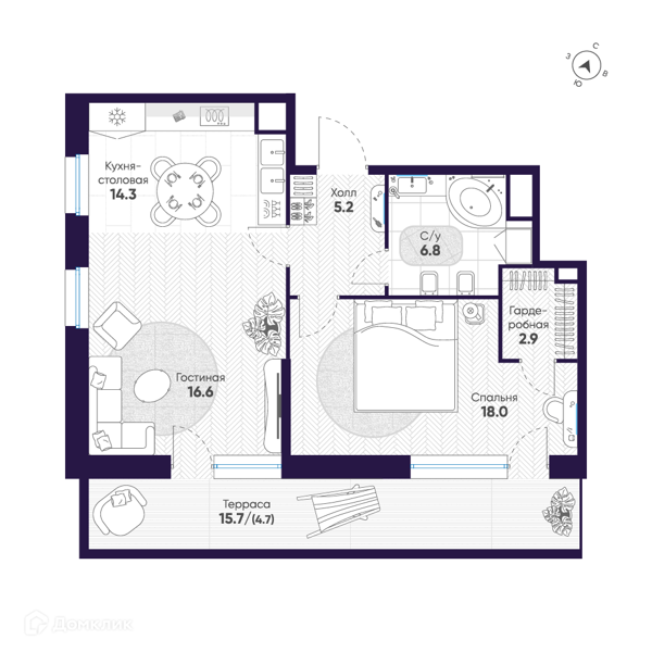 Планировка: 2 комнаты · 68,5 м²