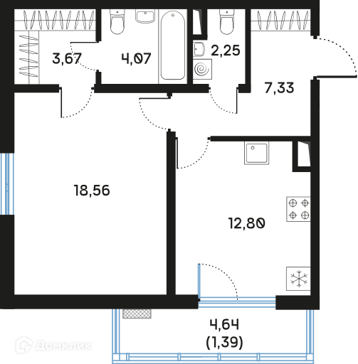 Планировка: 1 комната · 50,82 м²