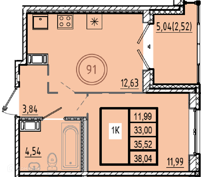 Планировка: 1 комната · 33 м²
