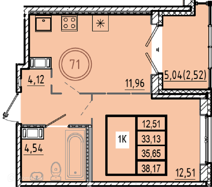Планировка: 1 комната · 33,13 м²