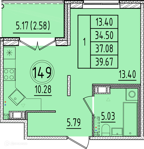 Планировка: 1 комната · 34,5 м²