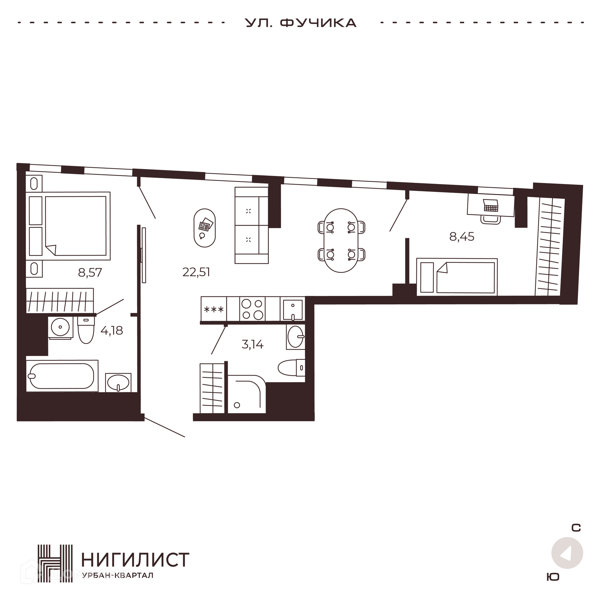 Планировка: 2 комнаты · 46,85 м²