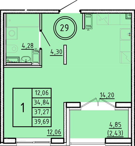 Планировка: 1 комната · 34,84 м²