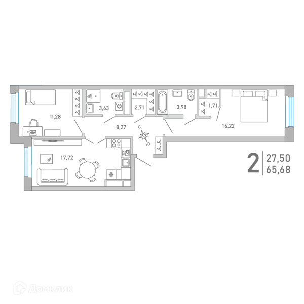 Планировка квартиры: 2 комнаты · 65,68 м²