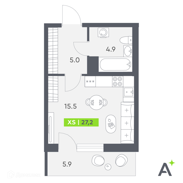 Планировка квартиры: Студия · 27,2 м²