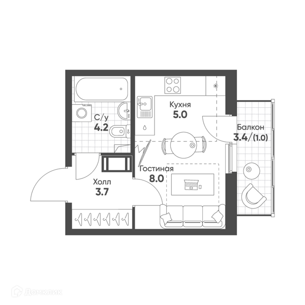 Планировка: Студия · 21,9 м²