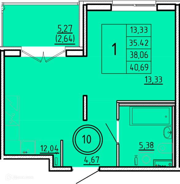 Планировка: 1 комната · 35,42 м²