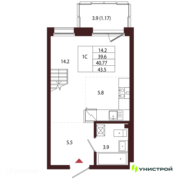 Планировка: Студия · 40,77 м²