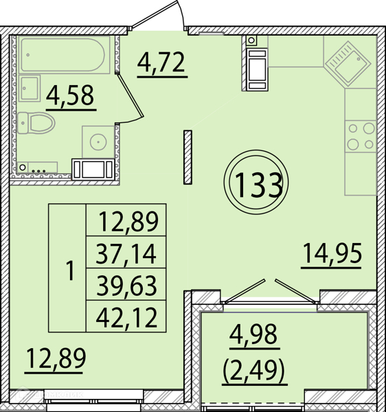 Планировка: 1 комната · 37,14 м²