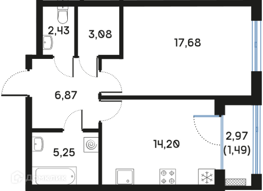 Планировка: 1 комната · 51,18 м²