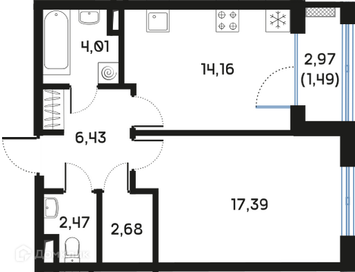 Планировка: 1 комната · 48,76 м²