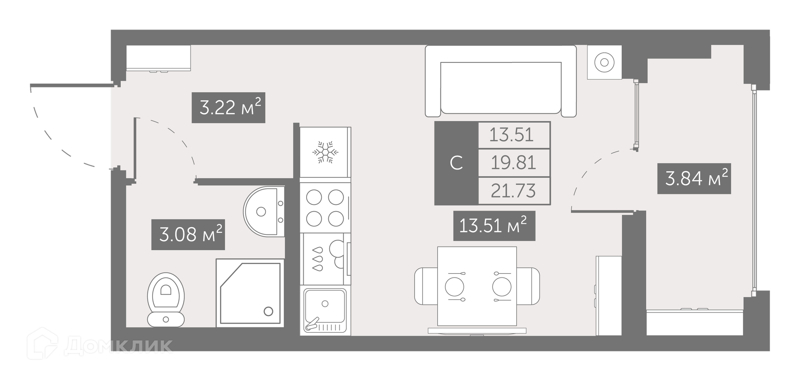 Планировка: Студия · 21,73 м²