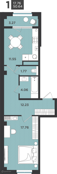 Планировка: 1 комната · 50,64 м²