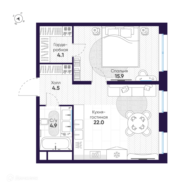 Планировка: 1 комната · 51,4 м²