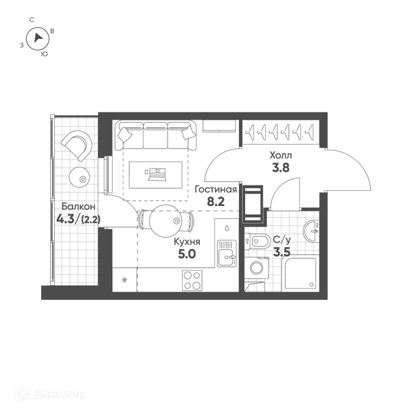 Планировка квартиры: Студия · 22,7 м²