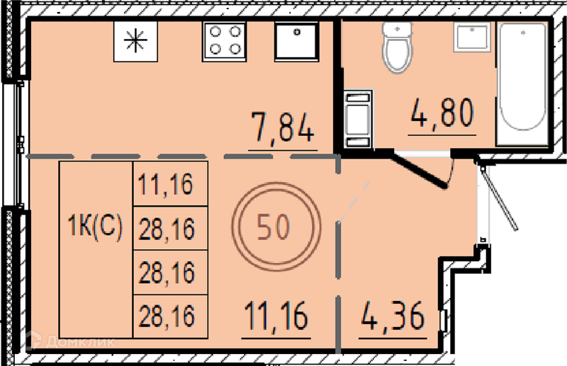 Планировка: Студия · 28,16 м²
