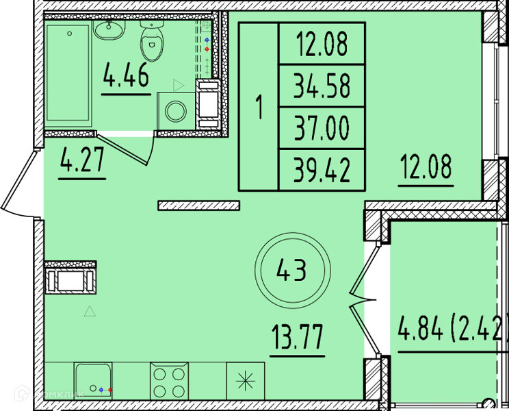 Планировка: 1 комната · 34,58 м²
