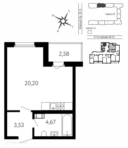 Планировка: 1 комната · 29,69 м²