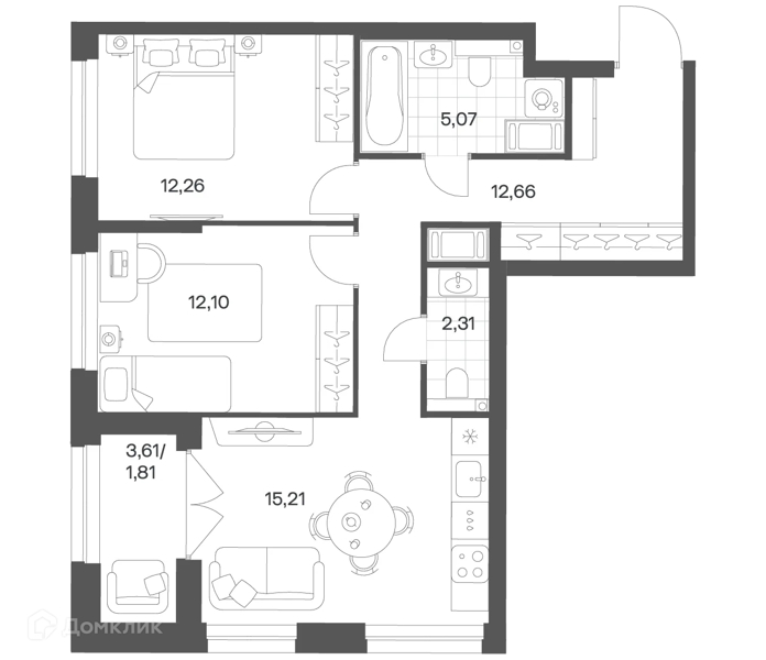 Планировка: 2 комнаты · 61,42 м²