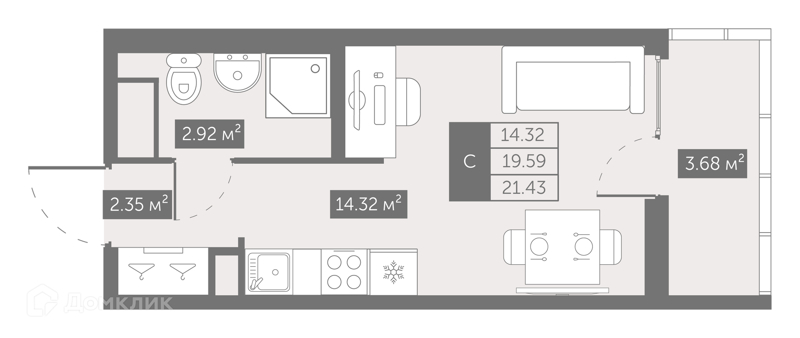 Планировка: Студия · 22,13 м²