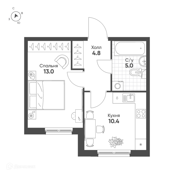 Планировка: 1 комната · 33,2 м²