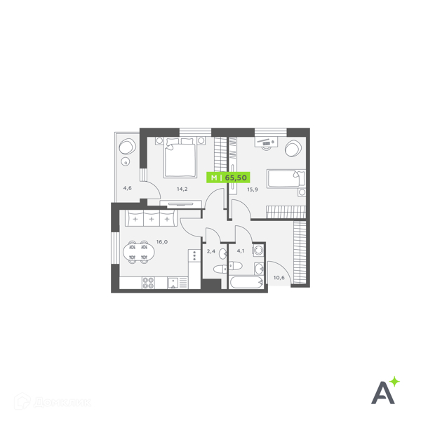 Планировка: 2 комнаты · 65,5 м²