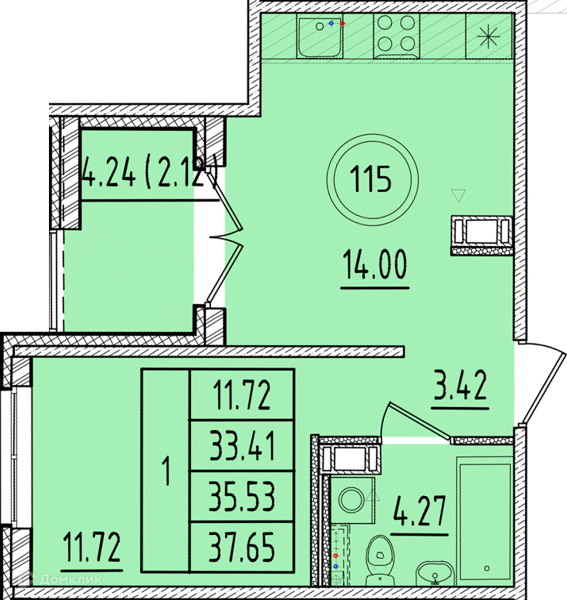 Планировка: 1 комната · 33,41 м²
