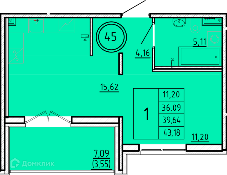 Планировка: 1 комната · 36,09 м²