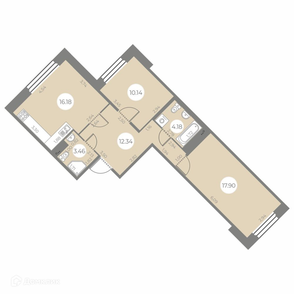 Планировка: 2 комнаты · 64,2 м²
